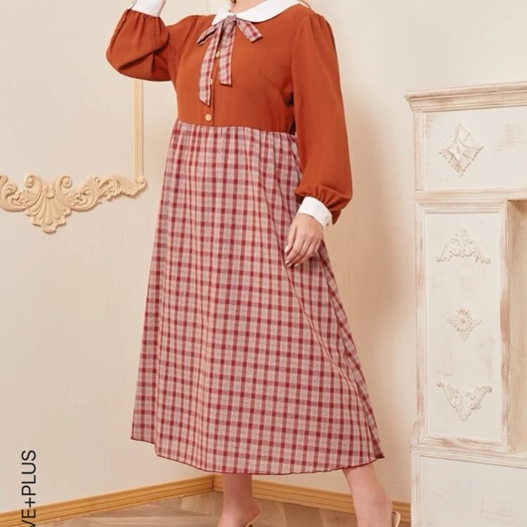 PussyBow Burnt Orange and Plaid Maxi Dress Sz 2x - Picture 2 of 11